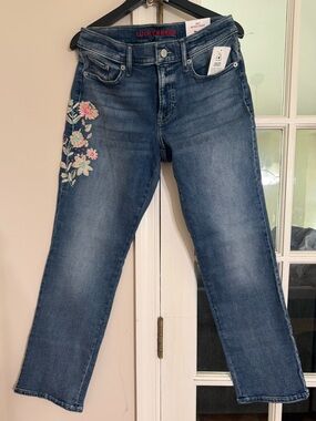 NWT Lucky Brand Mid Rise straight -Leg Jeans Floral Embroider women size 8/29